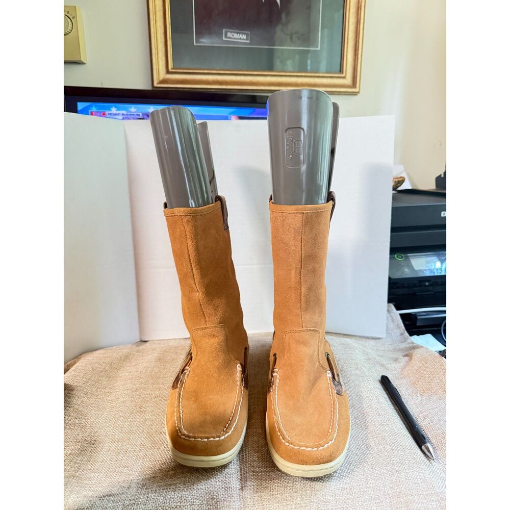 Sperry Top-Sider Suede Tall Boots Women's 7M Tan Moc Toe Pull On Leather Boots